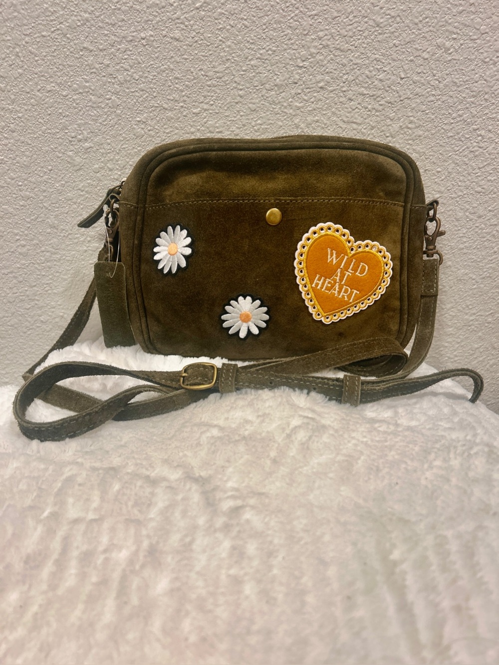 Olive Green Wild at Heart Suede Leather Crossbody Bag with Patches NWT 8.5 x 6